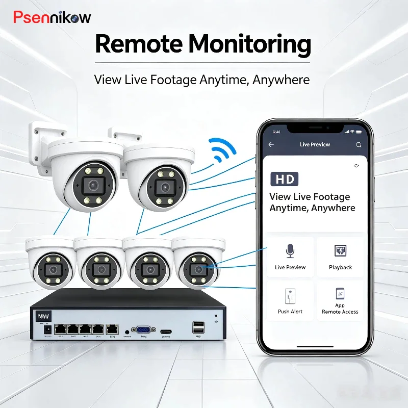 4CH POE NVR Kit Dome IP Cameras HD Built-in Audio Human Detection Dual Light Smart Night Vision POE Security Camera System