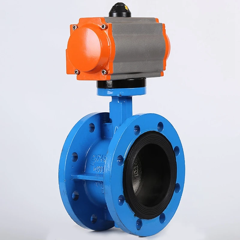 PN16 DN80 3 Inch Rubber Seat Double Flange Ductile Iron Single Acting Air Actuator Butterfly Valve
