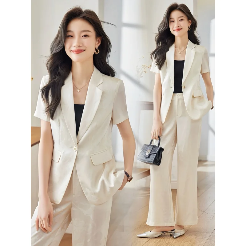 Apricot-colored short-sleeved women's suit, lightweight style2025New Summer Style Elegant Goddess Satin Jacquard Fashion Suit