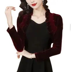 Burgundy Black Velvet Bridal Bolero Shrugs For Women Long Sleeve Wedding Jacket Bride Party Dress Cape Top Cover Up Coat Wraps