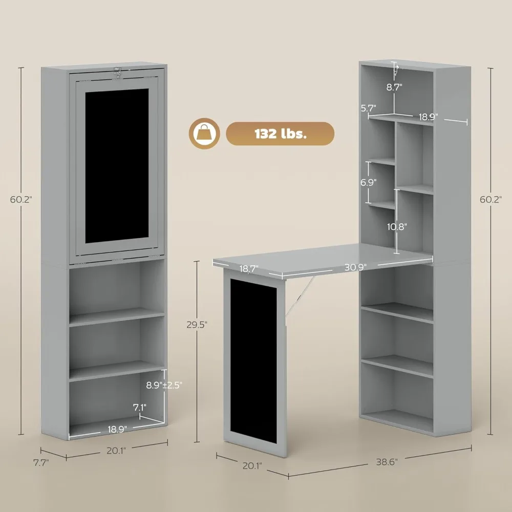 مكتب كتابة قابل للطي وقابل للتحويل، وخزانة مكتب مثبتة على الحائط مع سبورة، ورف جانبي مكتب منزلي متعدد الوظائف