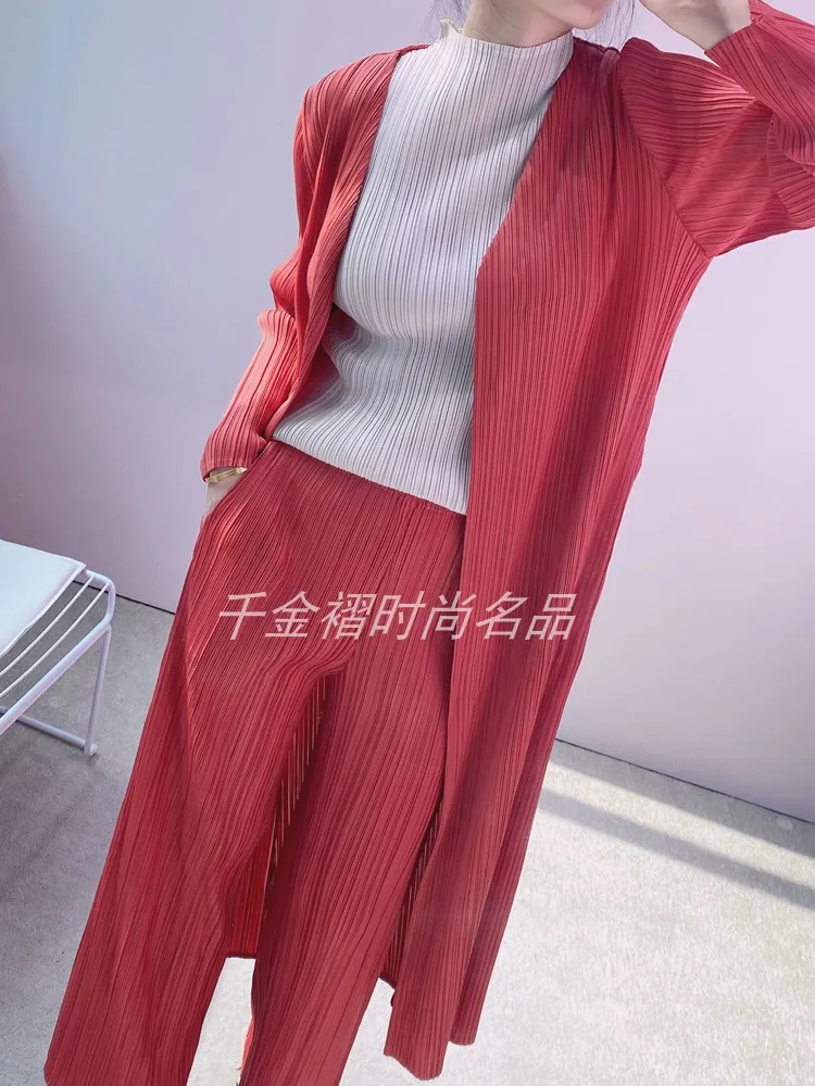 plus size woman clothes Miyake pleated Fashion high stretch V-neck long sleeve cardigan trench coat + Nine straight leg pants