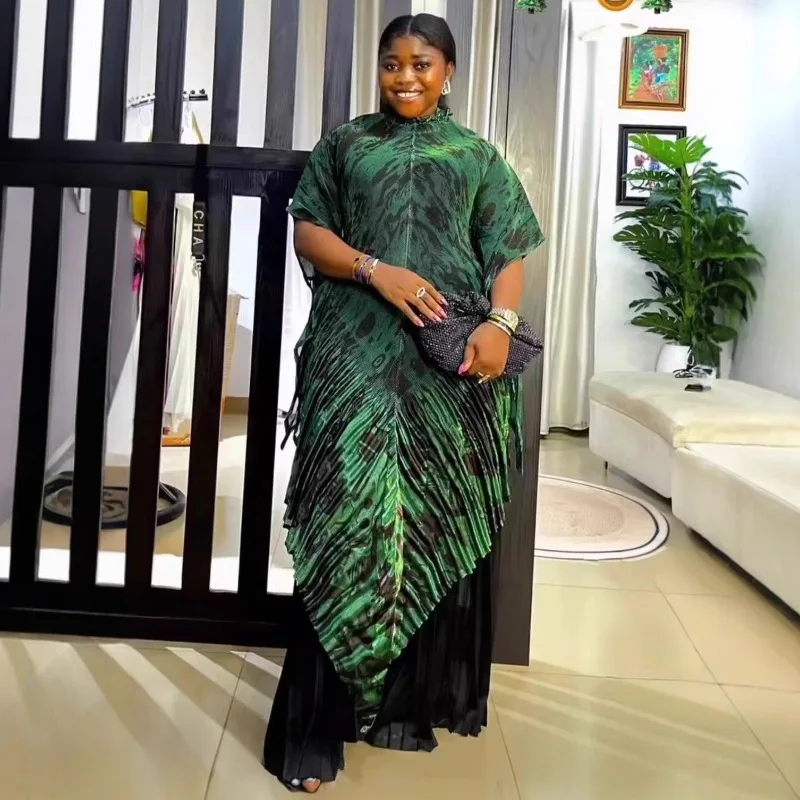 Miyake Pleated Print Set 2026 New Waist-Cinching Long Top Loose Elastic Draped Wide-Leg Pants 2-Piece African Plus Size Women's