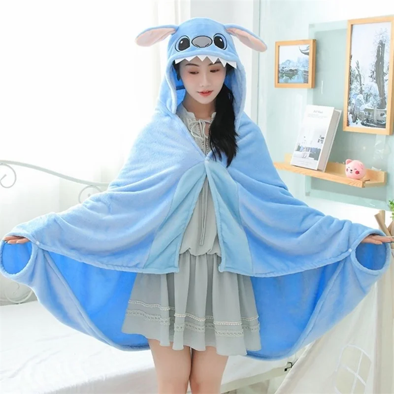 Lilo and Stitch Coral Fleece Fabric Blanket With Hooded Cute Cartoon Cosplay Cloak Cape Warm Wearable Throw Blanket For Sofa