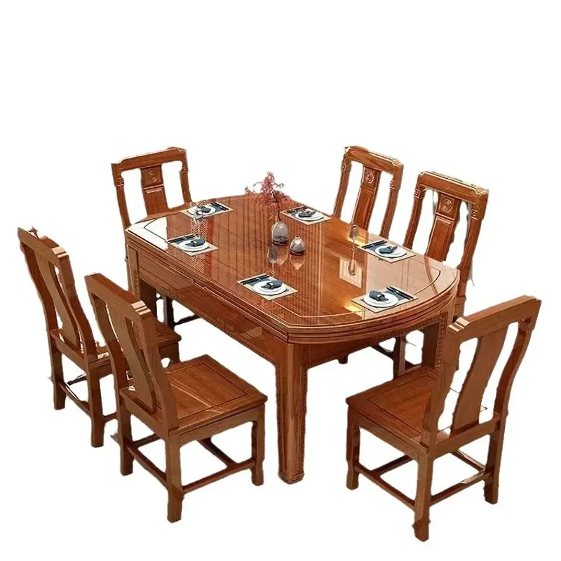 Solid Wood Dining Table Set Retractable Square Round Dual Use Carved Chinese Style Extendable Kitchen Table and Chairs for