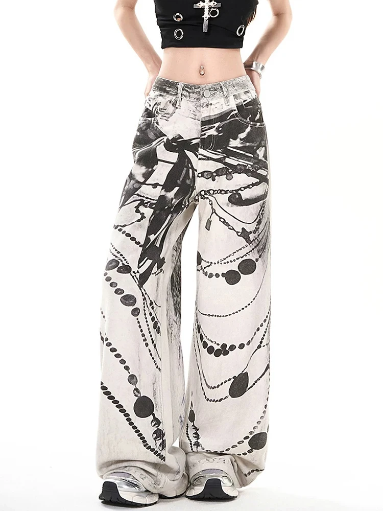 Y2K Jeans a gamba larga stampati da donna retrò Pantaloni larghi estivi a vita alta stile street americano con design dimagrante a gamba dritta