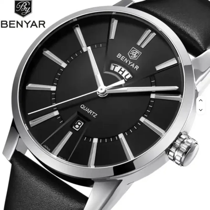 BENYAR BY-5101M Men Quartz Watch Japan AL33E Movement 43MM Large Dial Leather Strap Day Date Male Wristwatch