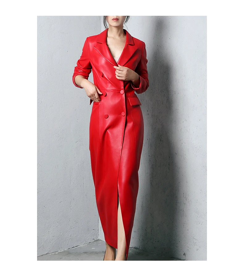 

Spring Autumn Extra Long Red Soft Faux Leather Trench Coat for Women Double Breasted Luxury Elegant British Fashion