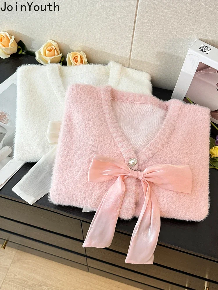 Pink Knitted Sweater Jackets Women Clothing Sueter Mujer V-neck Bow Sweet Pull Femme Fashion Korean Cropped Cardigan Tops 27z085