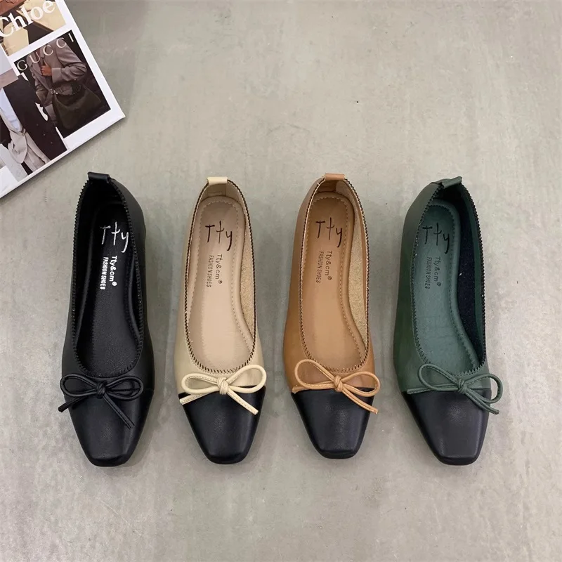 New Fashion France Stylish Square Toe Slip On Butterfly Knot Flat Shoes Elegant Buckle Mix Color Lady Flats Soft Boat Loafers