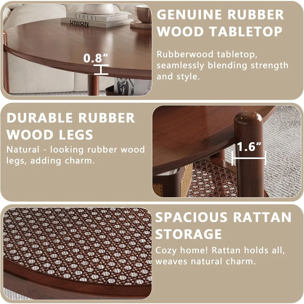 32" Round Coffee Table for Living Room, 2-Tier Rustic Wood Center Table for Home Decor with Boho Woven Rattan Storage Shelf | M