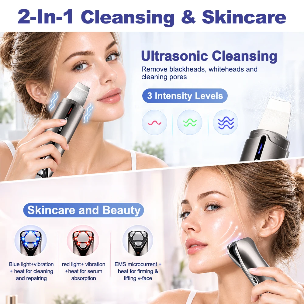 Ultrasonic Skin Scrubber Face Spatula Blackhead Remover Pore Cleanser Serum Absorption 3 Modes Red Blue Light Warm Massage Spa