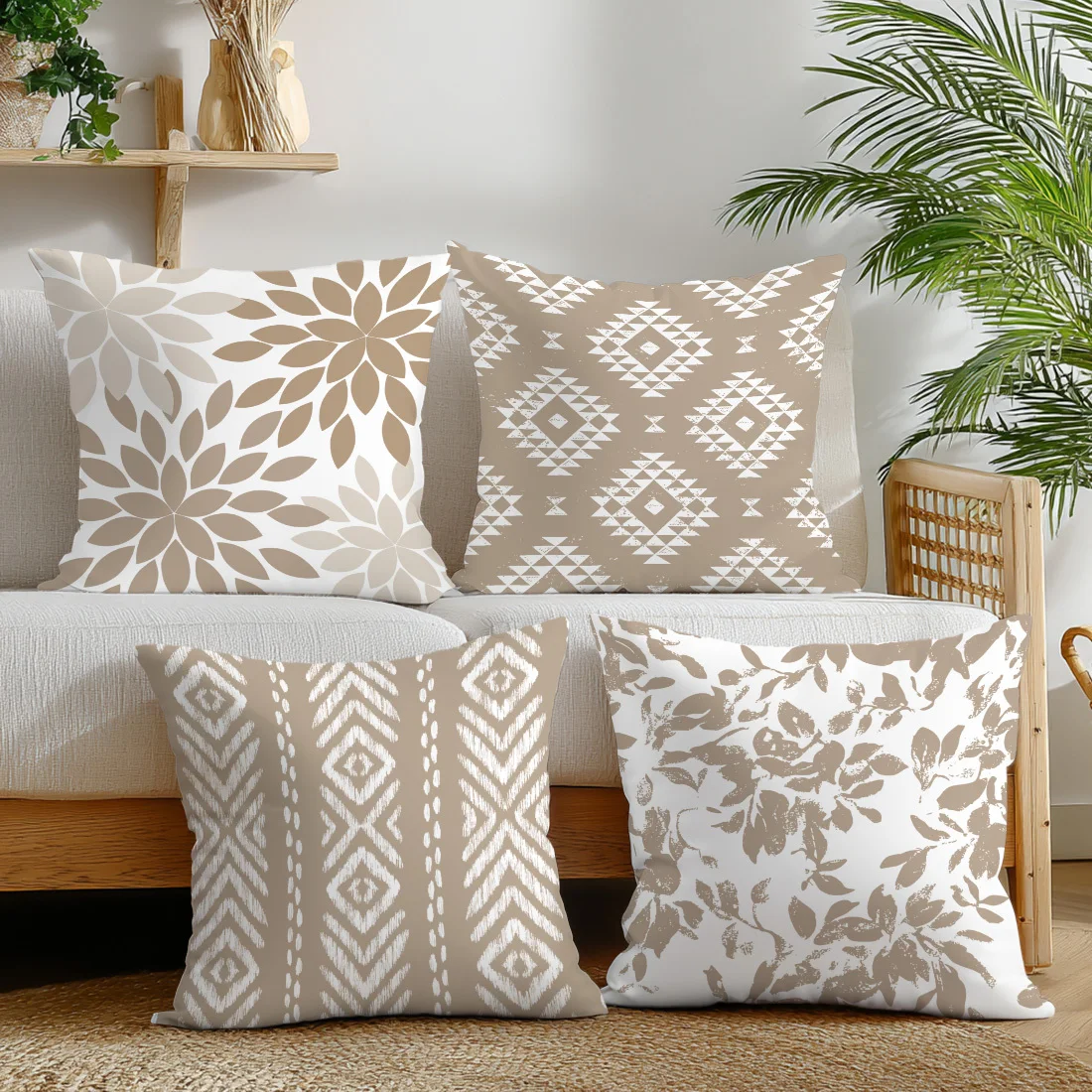 Beige Boho Geometric Cushion Covers Double-Sided Pillowcases Set of 4 Decorative Pillow Cases for Sofa Living Room Bed