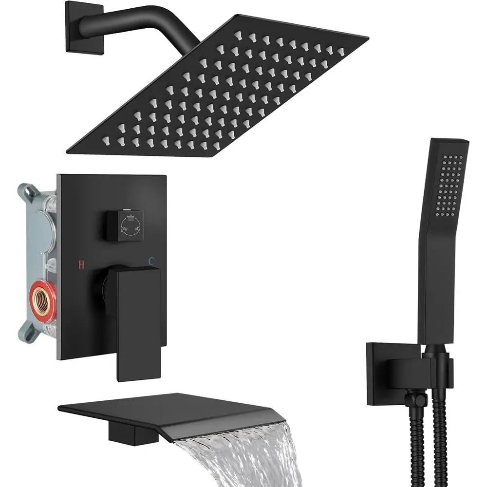 

8-дюймовая матовая черная настенная душевая система с квадратной тропической лейкой и ручным распылителем