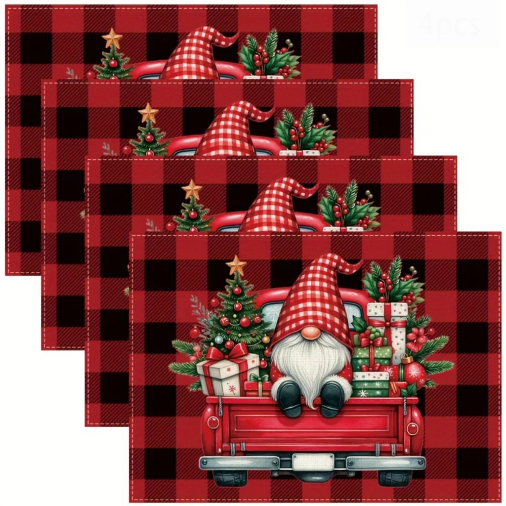 Red Buffalo Plaid Gnome Red Truck Printed Placemats Christmas Holiday Table Decor Winter Dining Display Rustic Xmas Home Decor