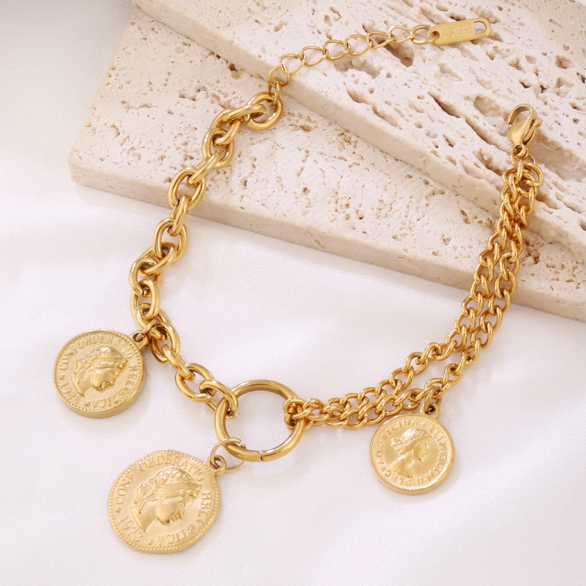 316L Stainless Steel Coin Pendant Bracelet For Women Fashion Gold Color Round Charms Chain Bracelets Jewelry