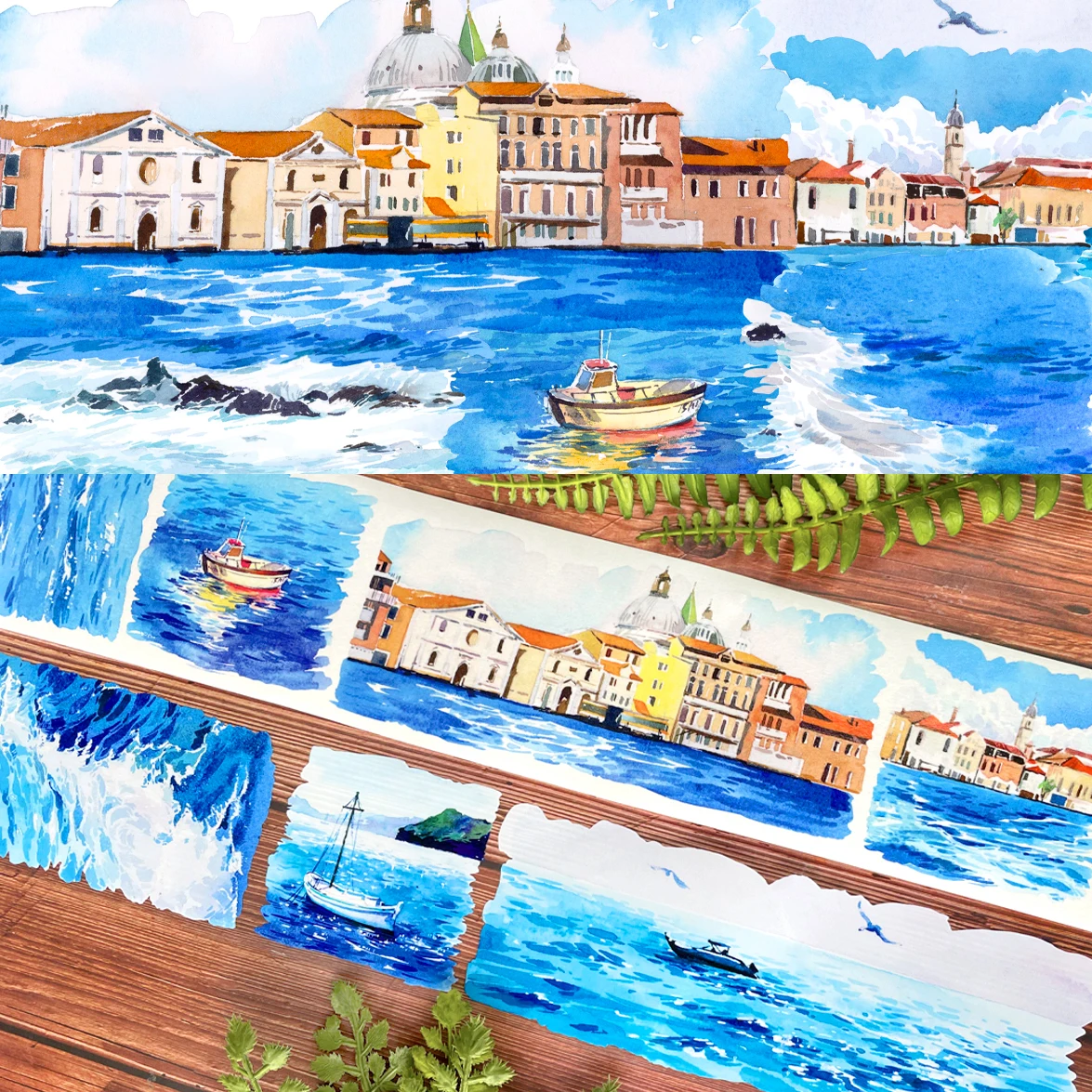 1 Loop Landscape PET Washi Tape, Scenic House Sea Tree Cloud Decor Stickers for Journal Scrapbook