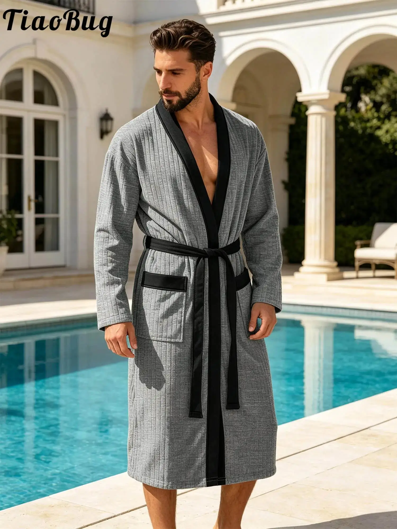 Men Ribbed Long Bathrobe Long Sleeve Open Front Robe Contrasting Color Trim Pockets Night-robe Loungewear Homewear with Belt