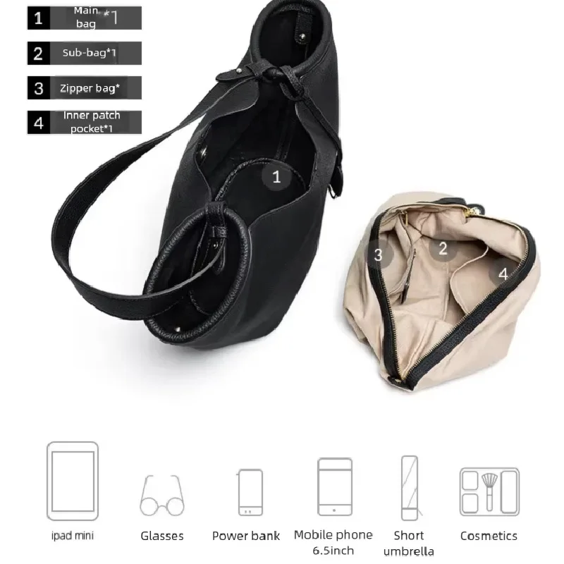 Top‑Grain Cowhide Leather Women Shoulder Bag Large Capacity Tote Bag Magnetic Buckle Underarm Handbag Removable Inner Pouch