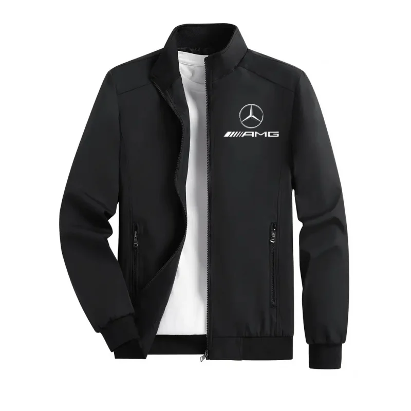 เสื้อแจ็คเก็ตฤดูใบไม้ผลิและฤดูใบไม้ร่วง เสื้อแจ็คเก็ตสปอร์ตคอตั้งคุณภาพสูงสำหรับผู้ชาย ลายพิมพ์นักบินมอเตอร์ไซค์เมอร์เซเดส-เบนซ์ ชุดทำงานสำหรับขี่มอเตอร์ไซค์