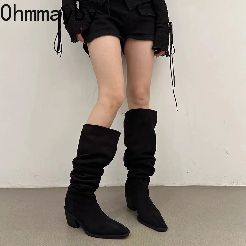 Winter Women Pleated Western Knee High Boots Fashion Slip On Shoes Thick Heel Laides Concise Long Botas De Mujer