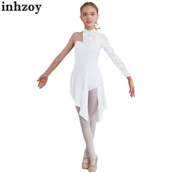 Kids Girls Floral Lace Ballet Leotard Ice Skating Dress One Shoulder Asymmetrical Hem Lyrical Modern Dance Costume Dancewear