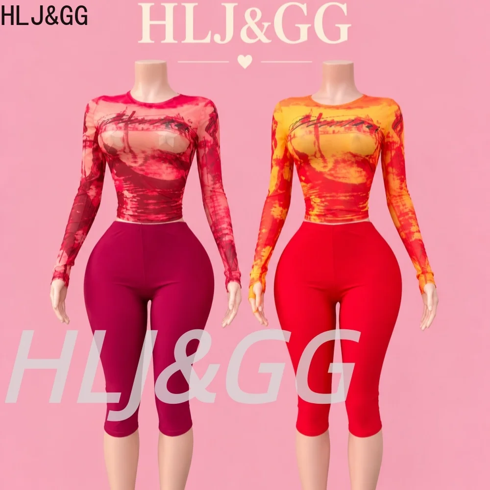 HLJ&GG Women's Sheer Mesh Tie Dye Long Sleeve Crop Top & High Waist Capri Leggings 2 Piece Set Sexy Slim Bodycon Clubwear Outfit