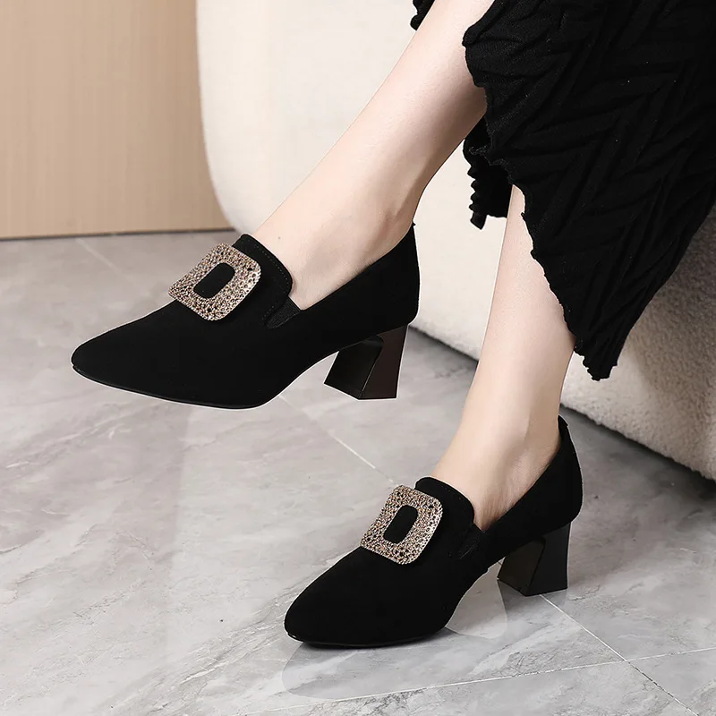 ZXRYXGS 2024 Autumn Frosted Sheepskin Pointed Square Buckle Rhinestone Shoes Woman New Heel High 5.5 / 3 Cm Large Size