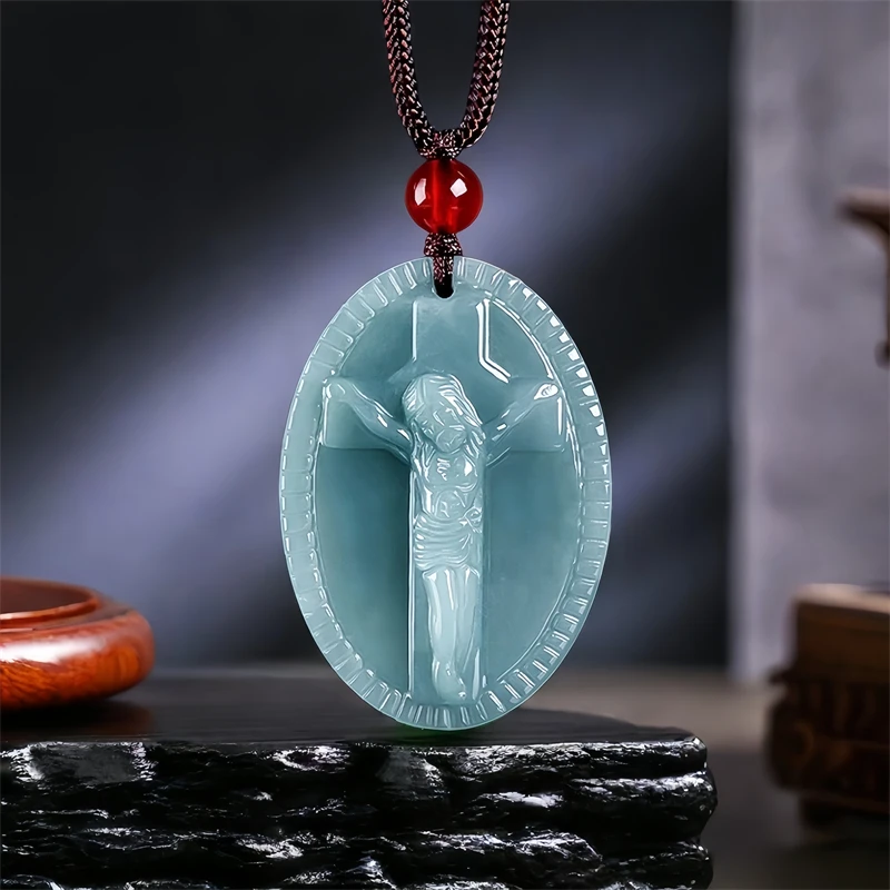 Burmese Jadeite Cross Pendant Jesus Necklace Natural Jade Vintage Gifts for Women Men Fashion Blue Accessories Stone