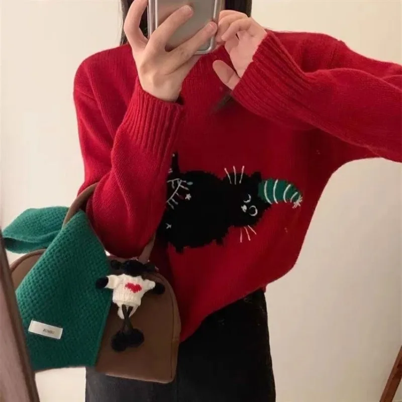 Kimotimo Cute Cartoon Jacquard Sweater Women Christmas O Neck Loose Knitted Pullover Autumn Winter Sweet Fashion Jumpers Tops