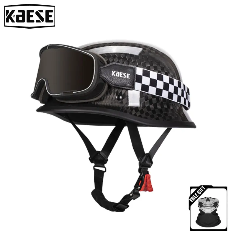 Gloss Black 12K Carbon Fiber Half Face Helmet  with Motocross Goggles Scooter ATV Cruiser Helmets DOT Approved for men and Women