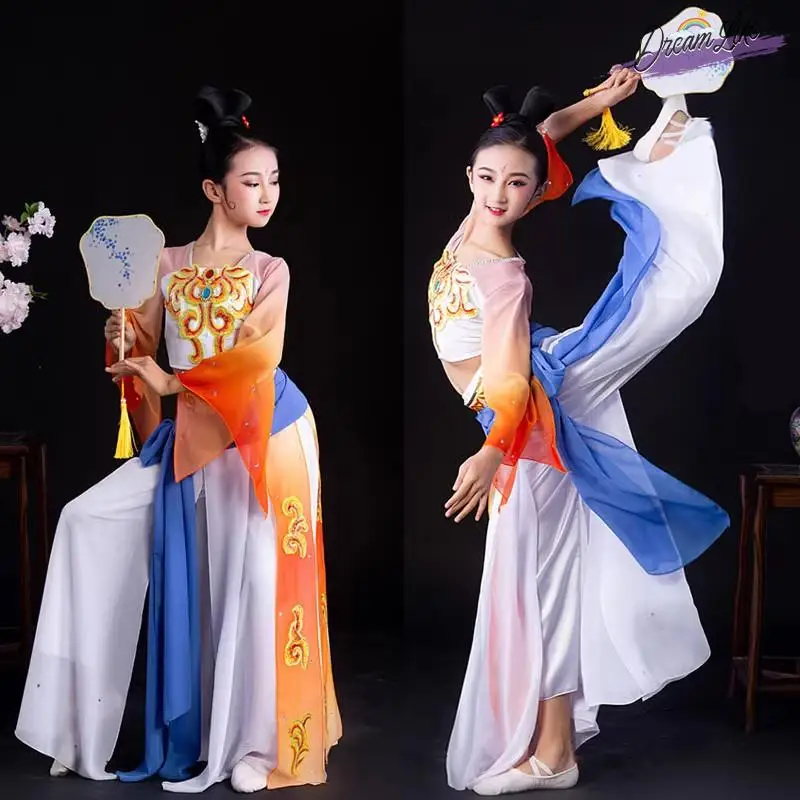 

Костюм для выступлений по классическому танцу с веерами, детский костюм Тан, многослойный, с вышивкой, в стиле Хань-Тан, Дуньхуан, с элементами фонарей