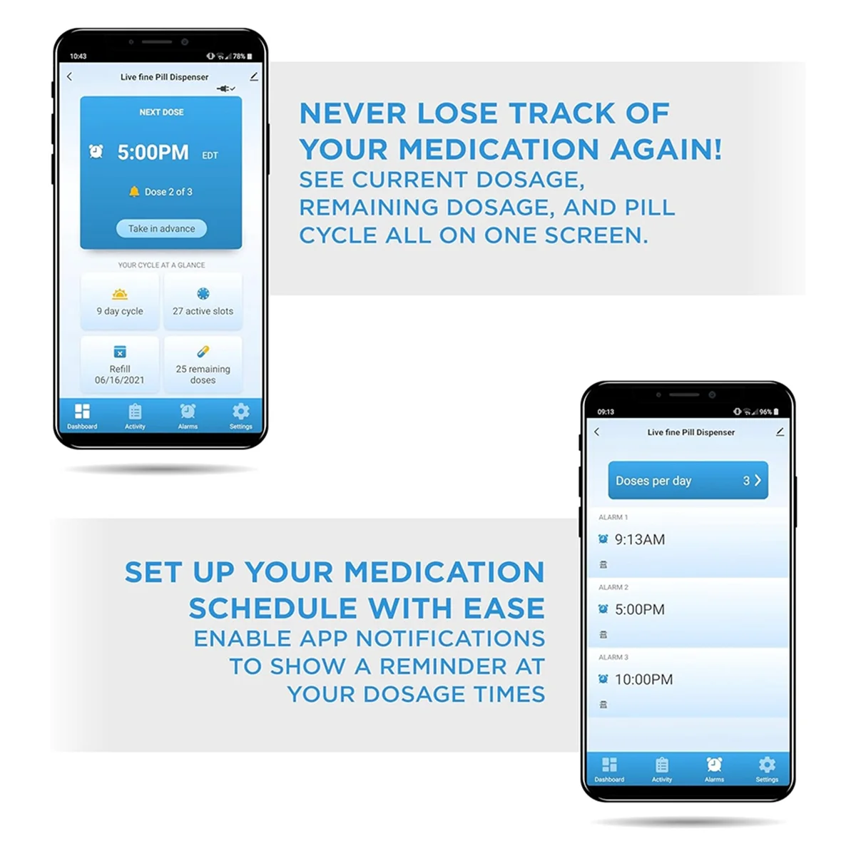 WiFi Automatic Pill Dispenser and Remote Medication Monitoring System, Adjustable Lights for Every 9 Dose, Prescription