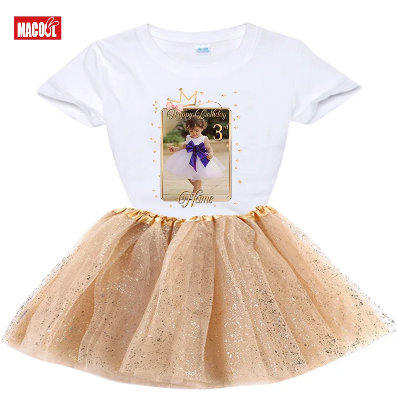 

Girls Birthday outfits Princess Tutu Outfit Custom photo T-Shirt Dress Set Personalized Name birthday Party suit 5th 3rd 1st 2nd