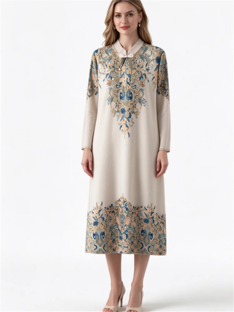 Miyake Pleated Women Loose Long Tunic Dress, Mandarin Collar Button Print Dress Long Sleeve Casual Straight Maxi Top