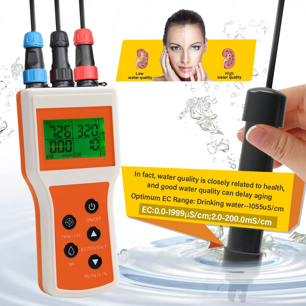 Yieryi Smart 6 in 1 Dissolved Oxygen Meter Aquarium PH DO SALT EC TDS Swimming Hydroponics Water Quality Analysis Tester Monitor