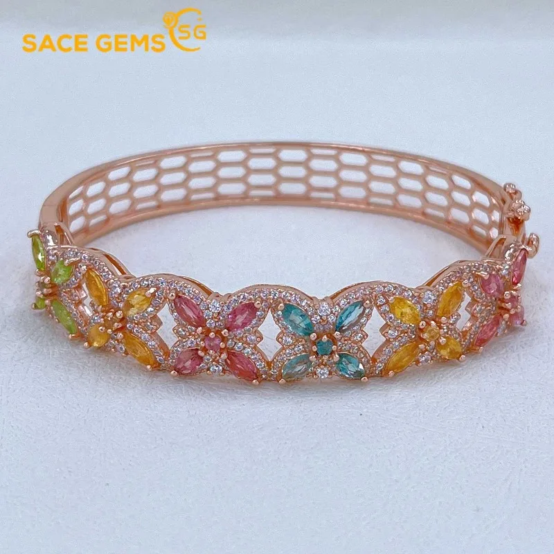 SACE GEMS Certified 2.5*5mm Natural Tourmaline Bracelets 925 Sterling Silver 18cm for Women Engagement Party Fine Jewelry Gift