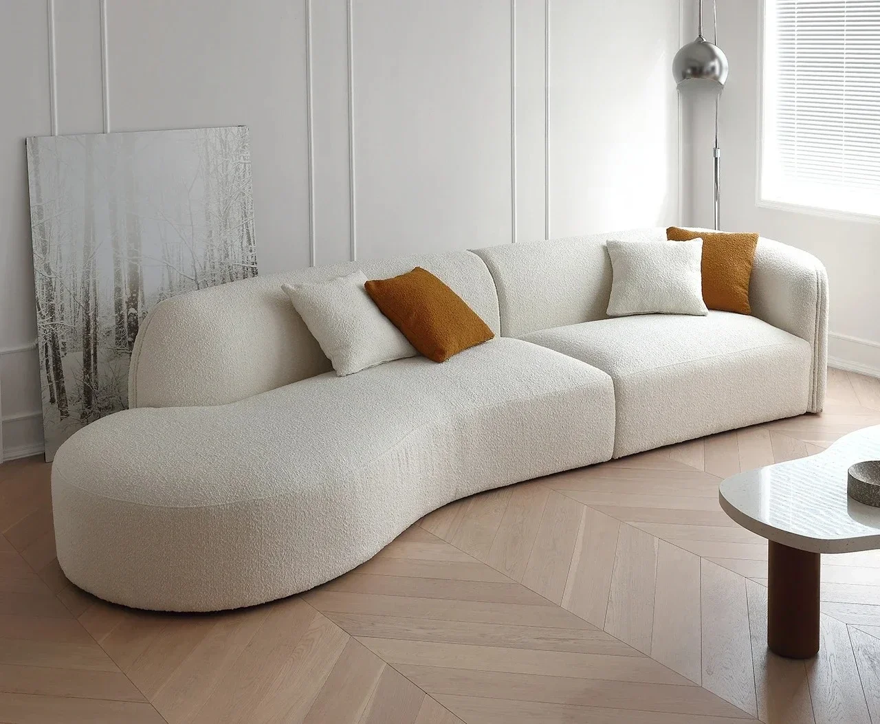 

Nordic Fabric Sofa Small Apartment Living Room Lambswool Concubine Corner Curved Sofa