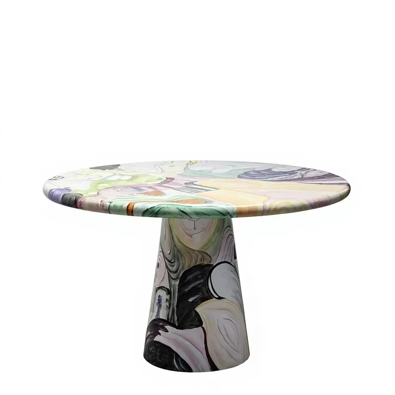 Solid wood panel art design dining table, modern design solid wood table legs, customizable hand-painted round dining