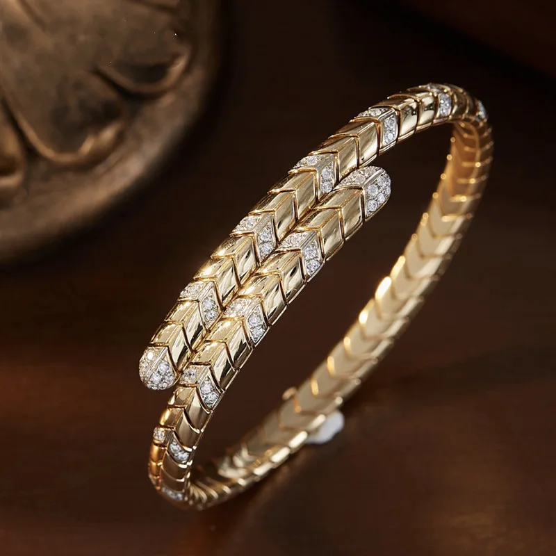 Luxury Fashion BVLG Style Stainless Steel Gold Cuff Bracelets Knitted Zircons Open Bangles Wristbands Waterproof Jewelry Bijoux