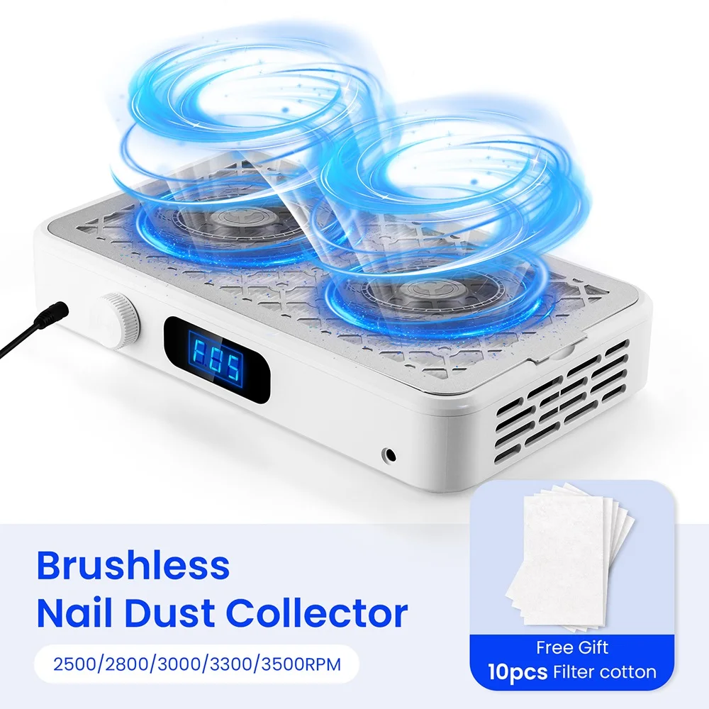 Professional Brushless Turbo Nail Dust Extractor with Double Fans Powerful Dual Fan Strong Suction Nail Vacuum Cleaner for Two Hands Manicure Salon Nail Art Use