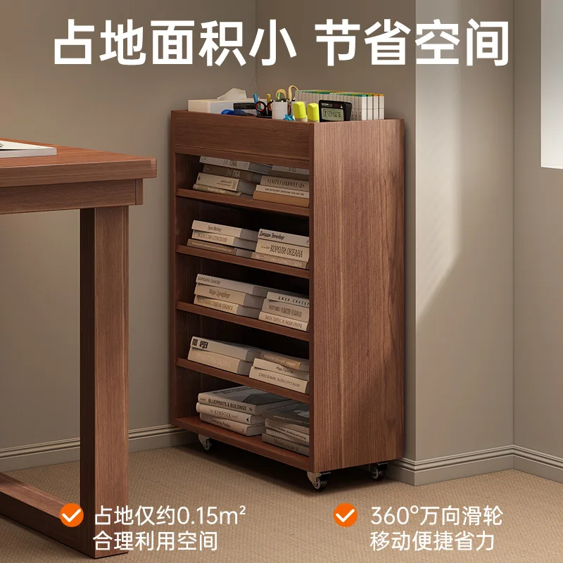 Solid wood shelf, small cart, movable bookshelf, living room, sofa side table, book snack storage shelf, side cabinet