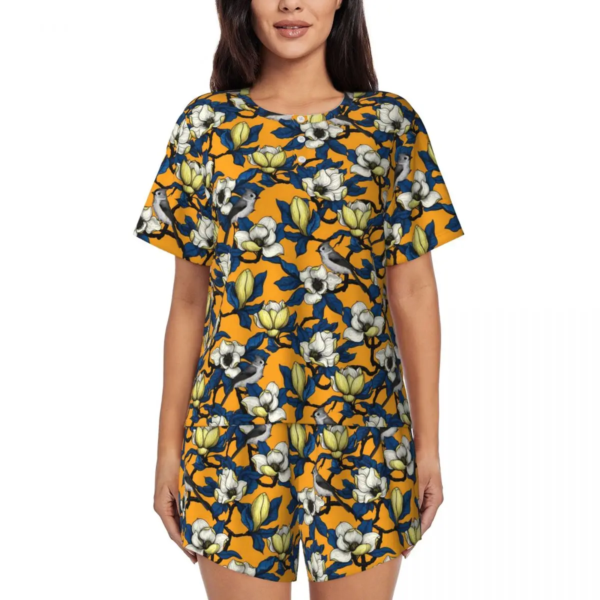 

Birds Flower Pajamas Short-Sleeve Blooming Magnolia Two Piece Casual Pajama Sets Summer Lady O Neck Soft Nightwear
