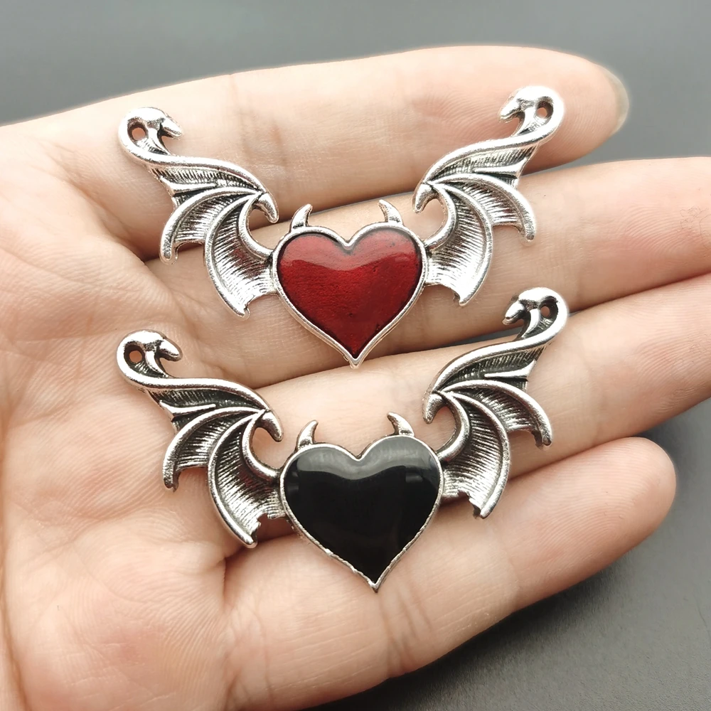 5psc 55*38mm Creative Devil's Heart Enamel Peach Heart Devil's Wings Pendant Handicraft Crafts DIY Necklace Jewelry Accessories