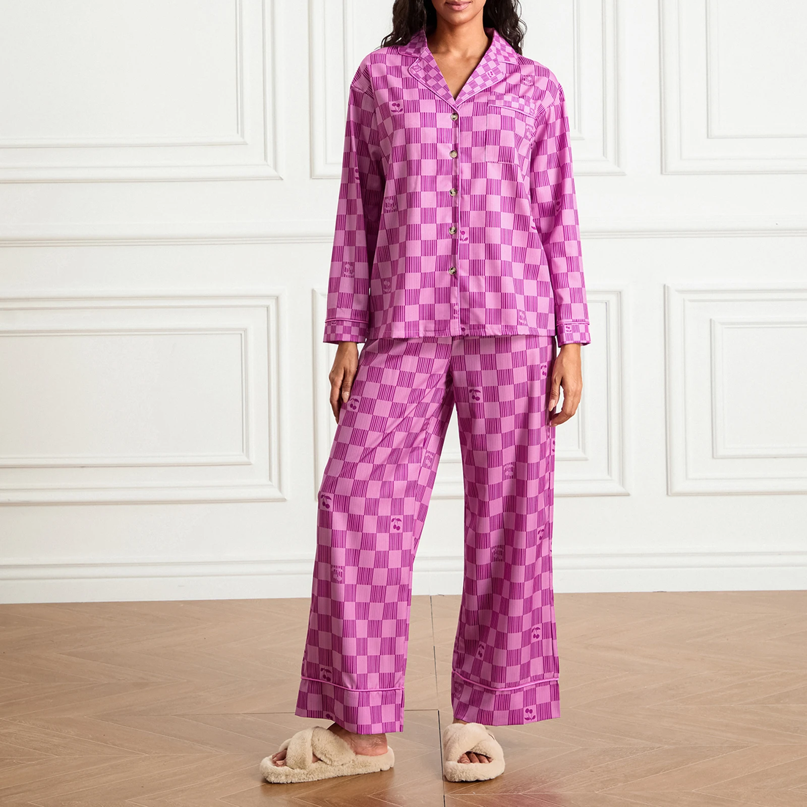 Women’s 2 Piece Pajama Set Long Sleeve Checkered Print Button Up Shirt Pants Set Sleepwear Loungewear