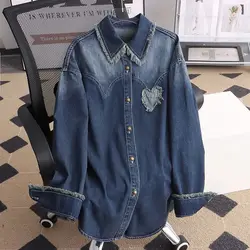 New Spring and Autumn Outerwear Loose Thin Denim Shirt Women's Long Sleeve Versatile Medium Length Shirt Coat Large Trendy