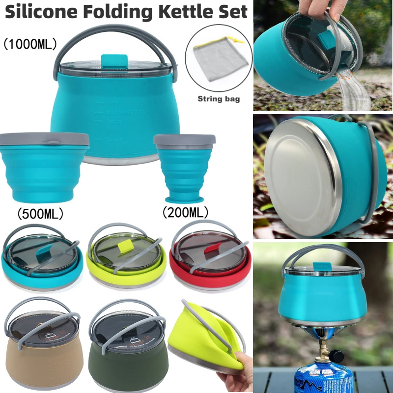 1-3pcs Silicone Folding Kettle Cup Set Portable Collapsible Boiling Water Pot Drinking Cups Bowl Tableware Set Outdoor Camping