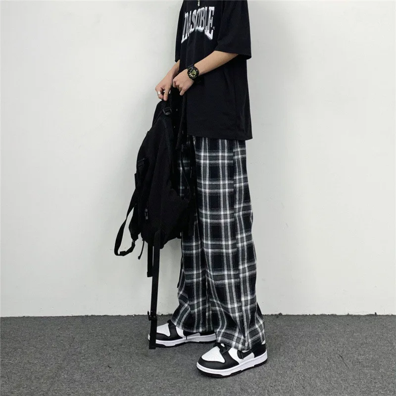 Hip Hop Man Pants Plaid Wide Leg Pants Casual Straight Trousers for Male/ Harajuku Elastic Waist Spring and Autumn Men Clothing