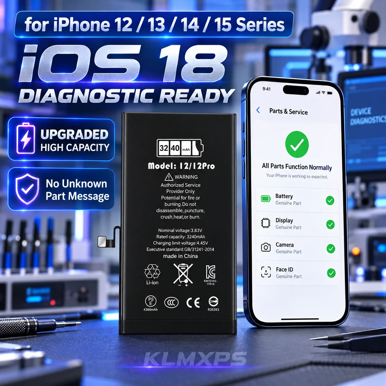 High Capacity Replacement Battery for iPhone 12 13 14 15 Pro Max Plus Mini, iOS 18 System Diagnostic Supported
