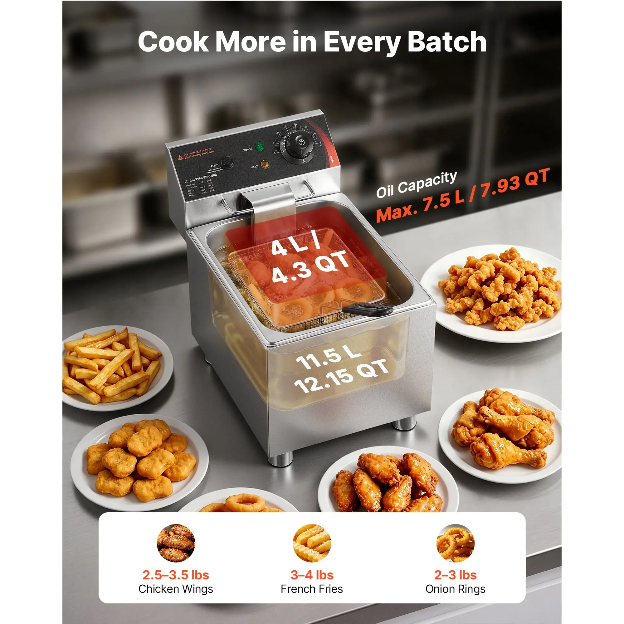 Commercial Electric Deep Fryer, 12.15 Qt, 1750W Stainless Steel Countertop Fryer with Basket and Lid, Overheat Protection, Temp Control, Adjustable Feet for Commercial Restaurant Use, Silver